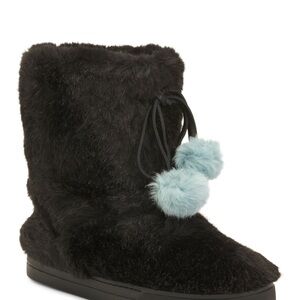 Frances Valentine Cozy Black Faux Fur Boots with Blue Pom Poms Made in Brazil